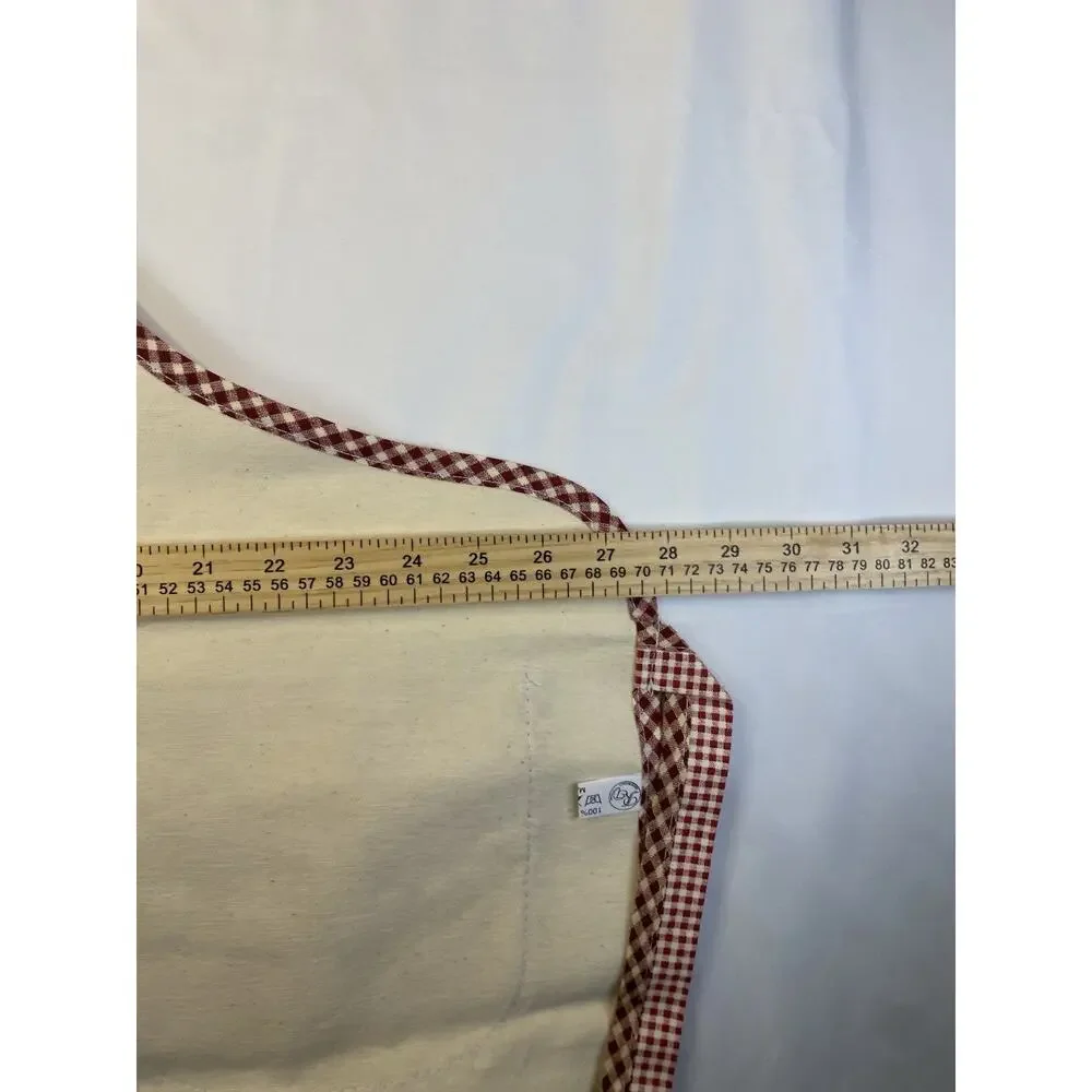Nonna Embroidered Bib Apron Beige/Maroon Gingham Trim Pocket Cotton One Size